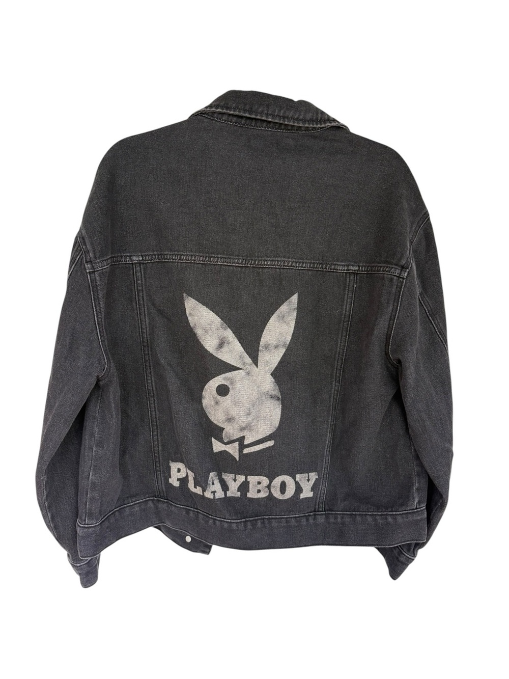 Playboy Jacket by PacSun Black Denim Trucker Bunny Logo Back Graphic, XS/S